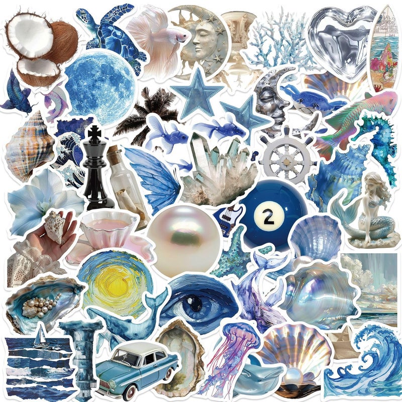 Yoksas 50 Pcs Cute Silver Blue Ocean Beach Stickers - Waterproof Coastal Marine Life Aesthetic Artistic Sea Decals for Water Bottles,Laptop,Scrapbooking - Image 1